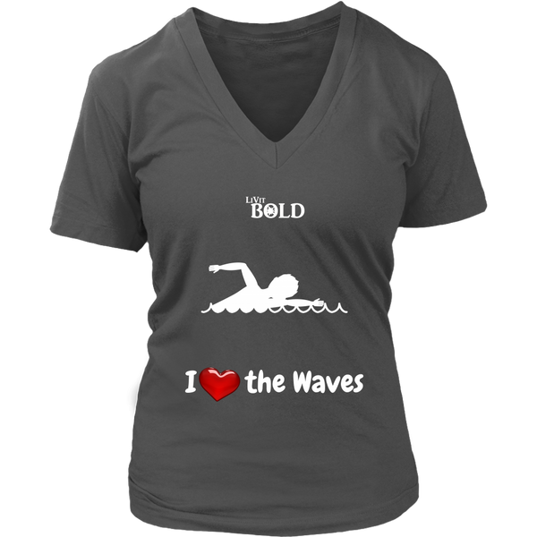 LiVit BOLD District Women's V-Neck Shirt - I Heart the Waves - Swimming - LiVit BOLD