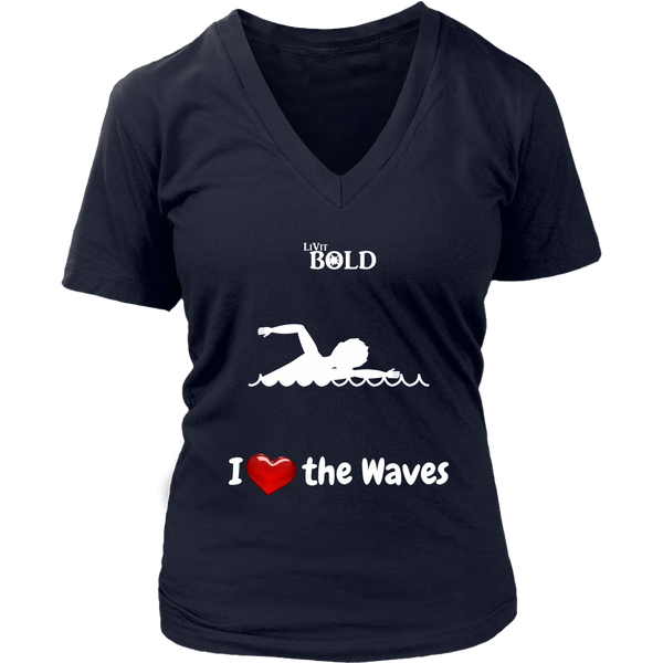 LiVit BOLD District Women's V-Neck Shirt - I Heart the Waves - Swimming - LiVit BOLD