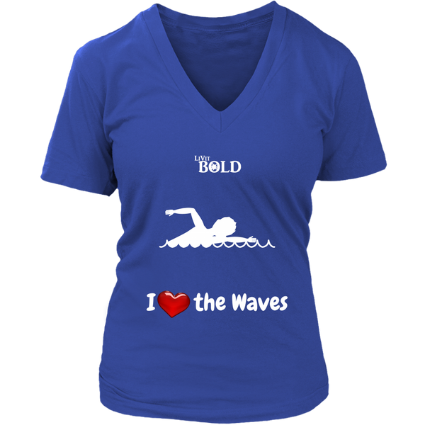 LiVit BOLD District Women's V-Neck Shirt - I Heart the Waves - Swimming - LiVit BOLD