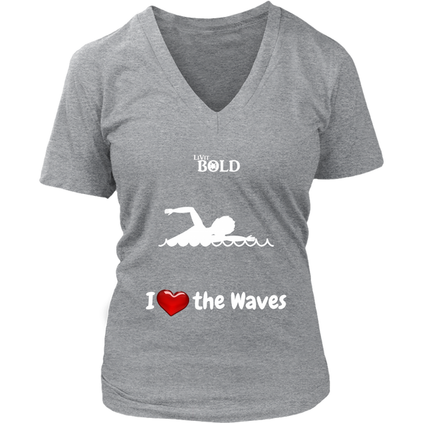 LiVit BOLD District Women's V-Neck Shirt - I Heart the Waves - Swimming - LiVit BOLD