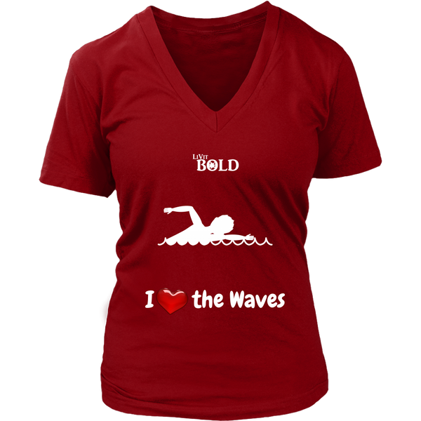 LiVit BOLD District Women's V-Neck Shirt - I Heart the Waves - Swimming - LiVit BOLD