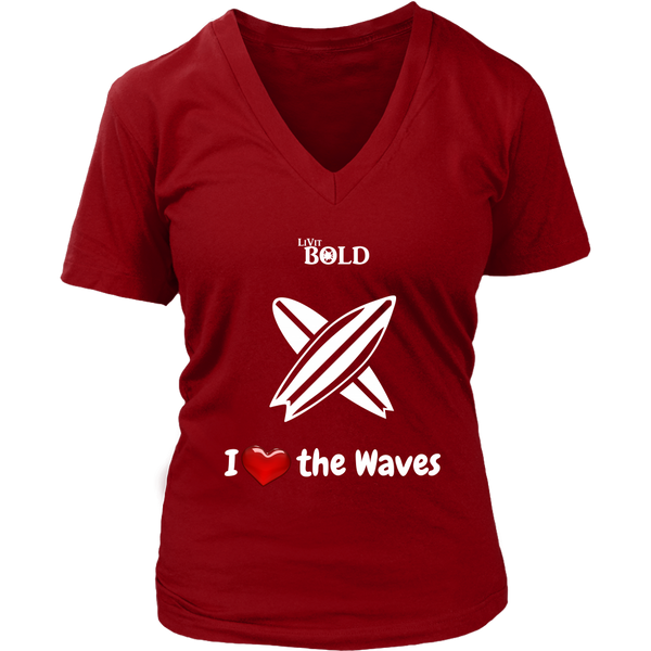 LiVit BOLD District Women's V-Neck Shirt - I Heart the Waves - Surfing - LiVit BOLD