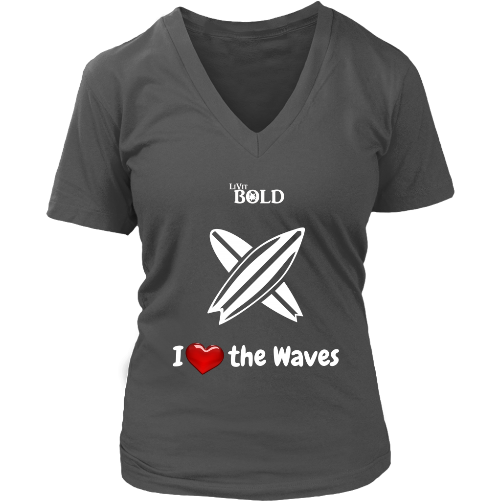 LiVit BOLD District Women's V-Neck Shirt - I Heart the Waves - Surfing - LiVit BOLD