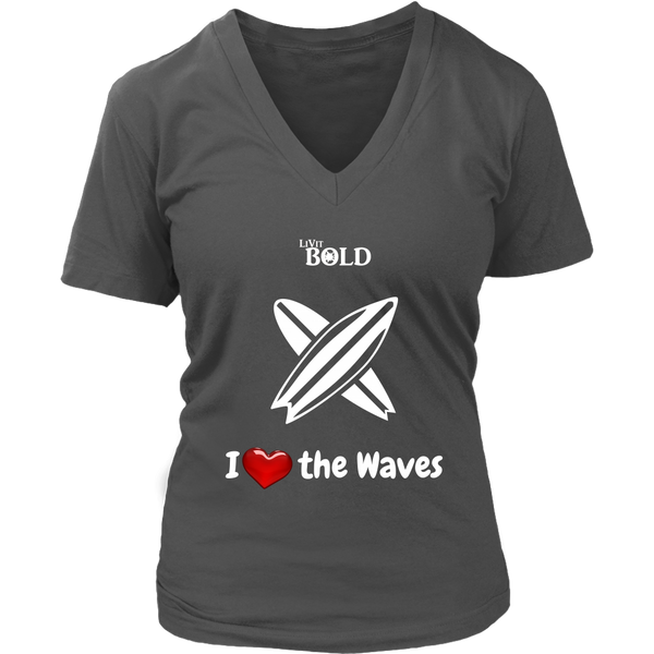 LiVit BOLD District Women's V-Neck Shirt - I Heart the Waves - Surfing - LiVit BOLD