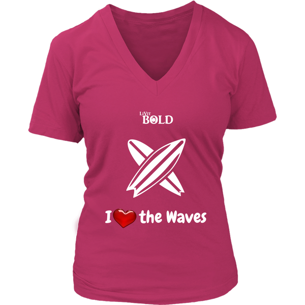 LiVit BOLD District Women's V-Neck Shirt - I Heart the Waves - Surfing - LiVit BOLD