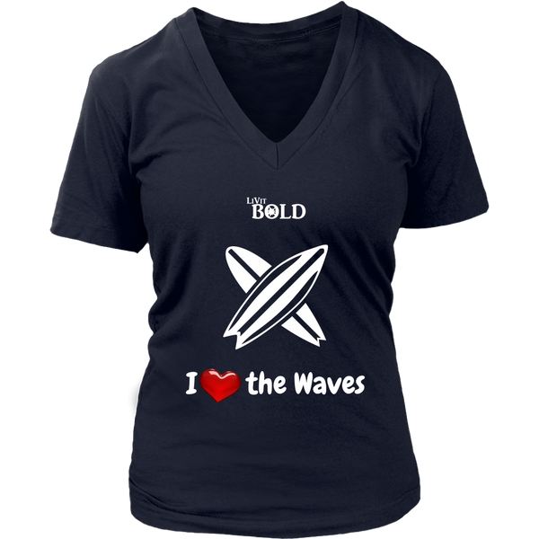 LiVit BOLD District Women's V-Neck Shirt - I Heart the Waves - Surfing - LiVit BOLD