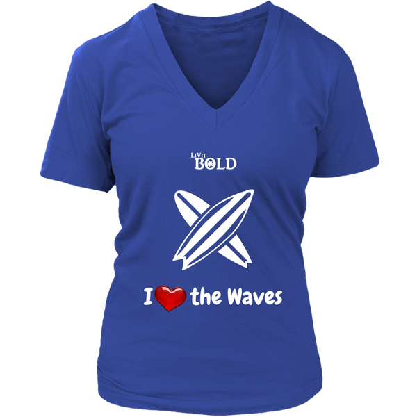 LiVit BOLD District Women's V-Neck Shirt - I Heart the Waves - Surfing - LiVit BOLD