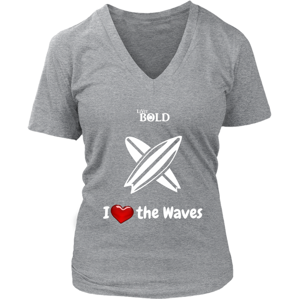 LiVit BOLD District Women's V-Neck Shirt - I Heart the Waves - Surfing - LiVit BOLD