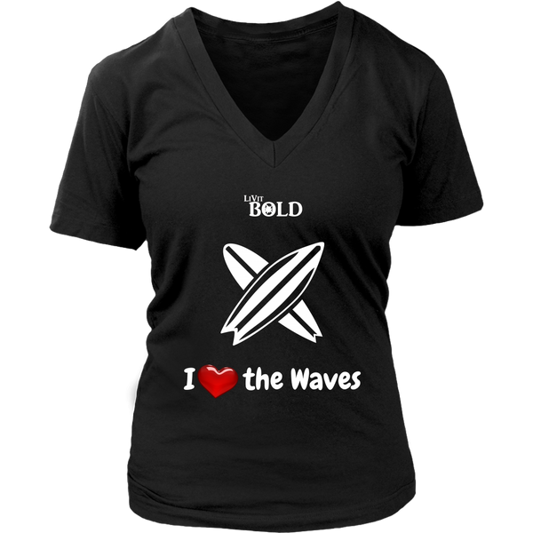 LiVit BOLD District Women's V-Neck Shirt - I Heart the Waves - Surfing - LiVit BOLD